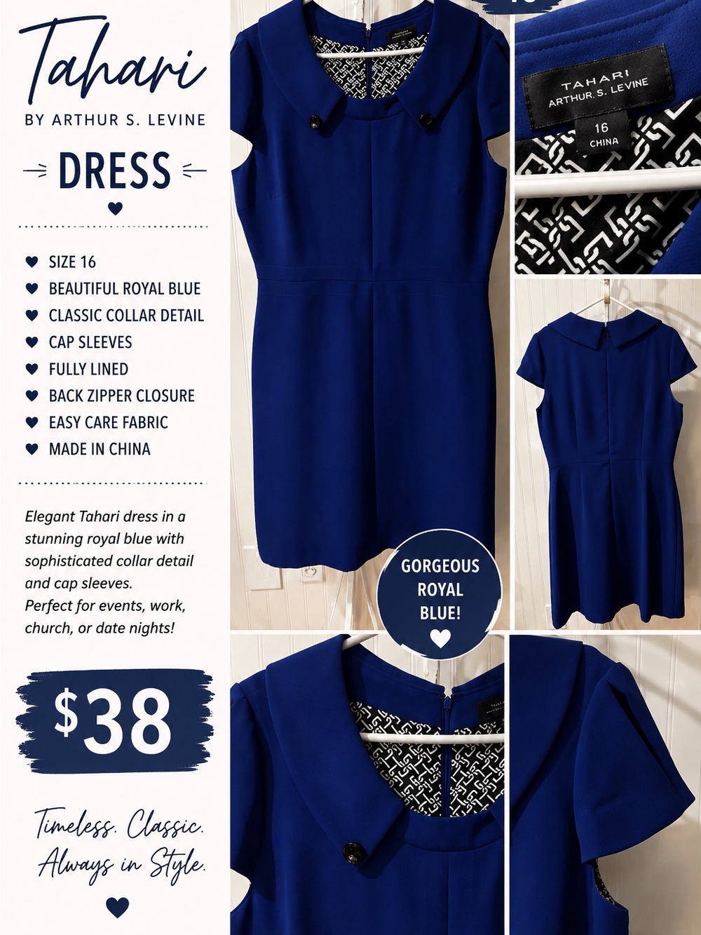 Tahari Royal Blue Short-Sleeve Collar Sheath Dress